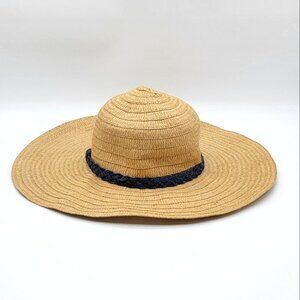 Women's Floppy Wide Brim Straw Summer Hat Tan & Navy